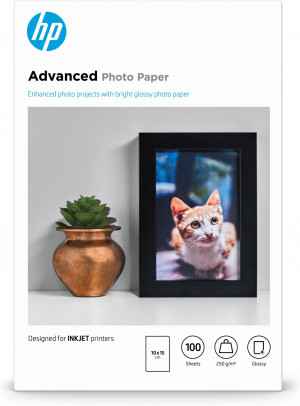 HP Advanced Photo Paper, Glossy, 250 g/m2, 10 x 15 cm (101 x 152 mm), 100 sheets carta fotografica Nero, Blu, Bianco